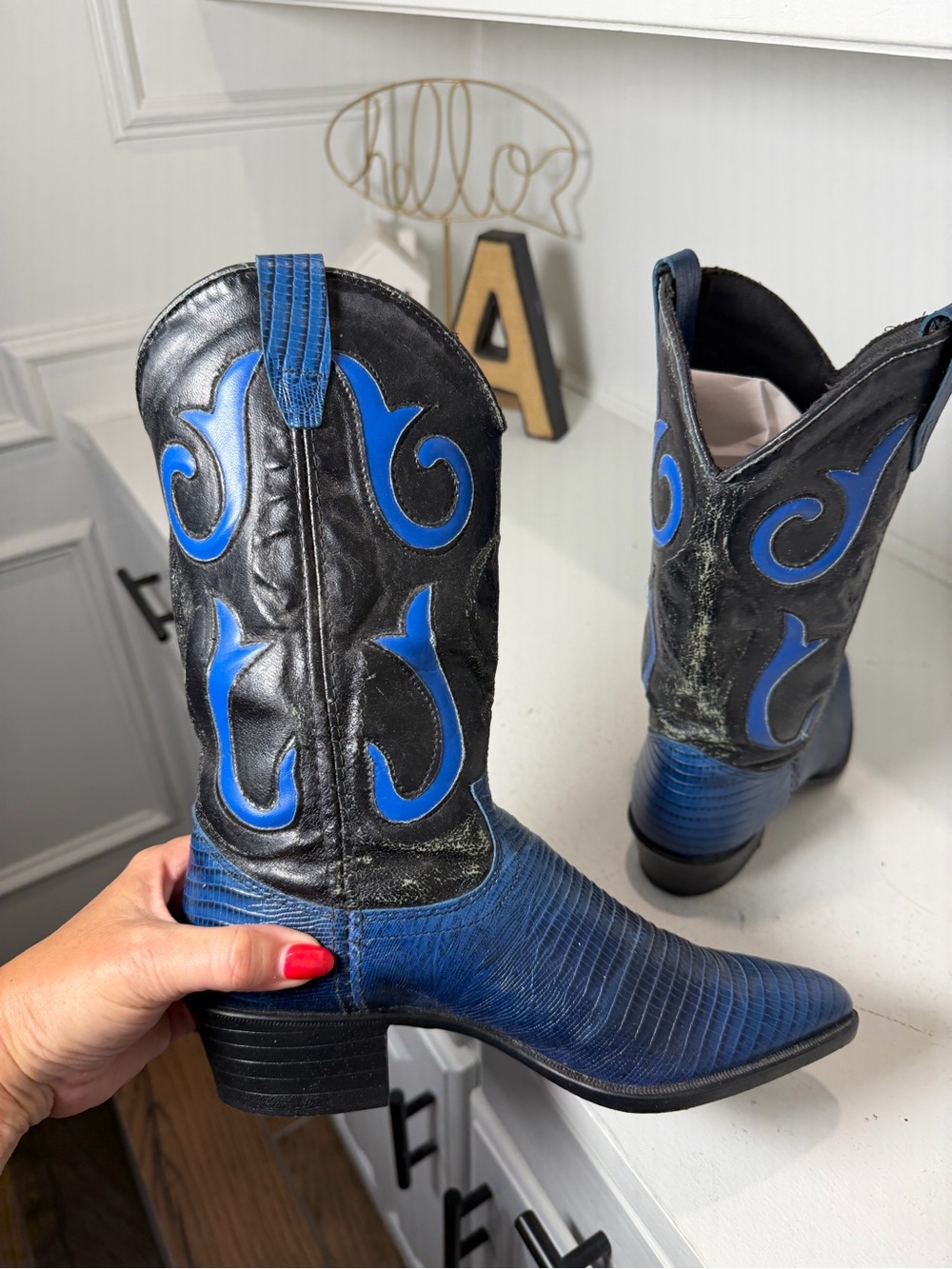 Laredo Cowboy Boots Women's 6 Blue Lizard Print Black Leather Western Colorful - Picture 7 of 9